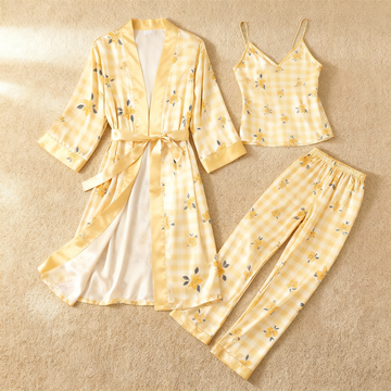 Silky Satin 3-Piece Nightwear Set in Vibrant Yellow Style
