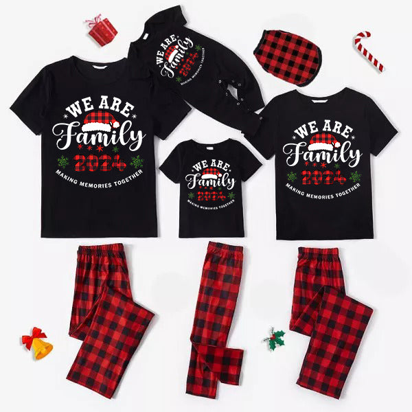 "We are Family" Santa Hat Monogram Print Letter Black Short Sleeve with Red & Black Plaid Pant Family Matching Pajamas