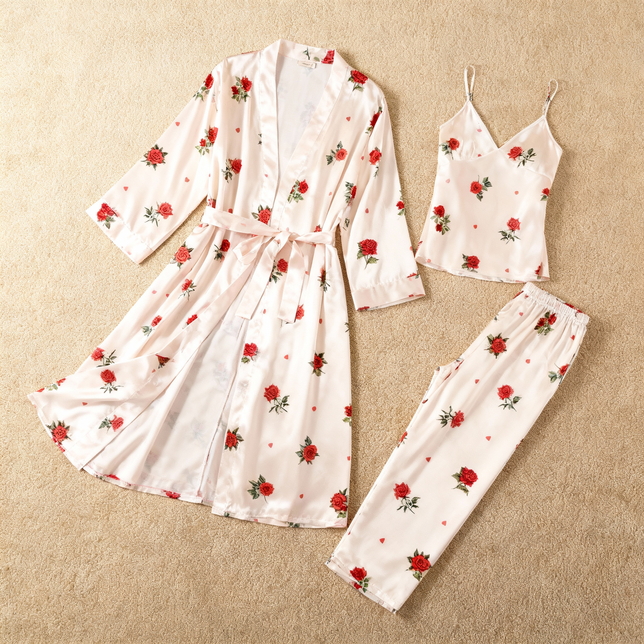 Women’s Silky Satin Homewear Set with Rose Motifs