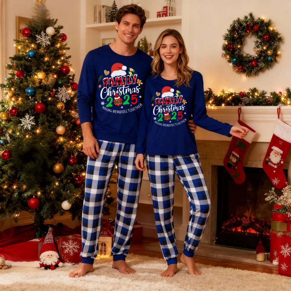 "Family Christmas 2025 Making Memories Together" Text and Santa Hat Printed Blue and White Plaid Couple Matching Pajamas