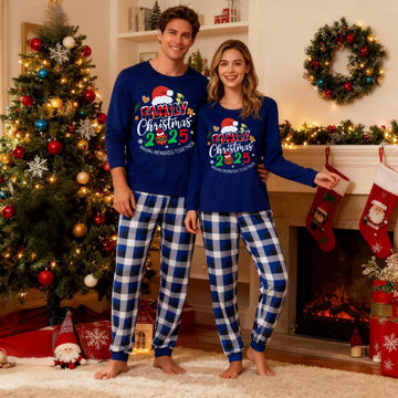 "Family Christmas 2025 Making Memories Together" Text and Santa Hat Printed Blue and White Plaid Couple Matching Pajamas
