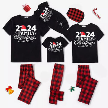 "2024 Family Christmas" Letter Print Black Short Sleeve with Red & Black Plaid Pant Family Matching Pajamas