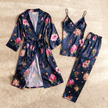 Women’s Silky Satin Homewear Set with Vintage Luxe Floral Motifs