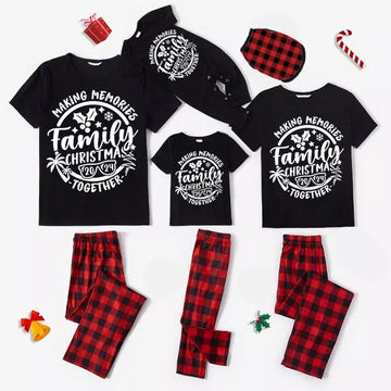 Christmas Make Memories Together 2024 Print Black Short Sleeve with Red & Black Plaid Pant Family Matching Pajamas