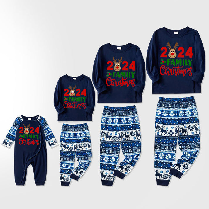 "2024 Family Christmas" Moose Letter Prints Blue Long Sleeve Family Matching Pajamas With Dog bandana