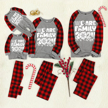 "We are Family 2024" White Letter Print Black & Red Plaid Family Matching Grey Pajamas With Dog bandana