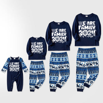 "We are Family 2024" White Letter Print Blue Long Sleeve With Blue Floral Pants Family Matching Pajamas Sets