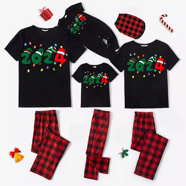 Christmas "2024" Letter Print Black Short Sleeve with Red & Black Plaid Pant Family Matching Pajamas