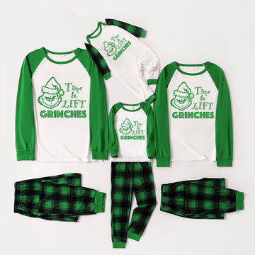 Christmas Cartoon and “Time To Lift”Letter Print Family Matching Raglan Long-sleeve Pajamas Sets