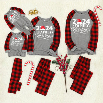 "2024 Family Christmas" Letter Print Black & Red Plaid Family Matching Grey Pajamas With Dog bandana