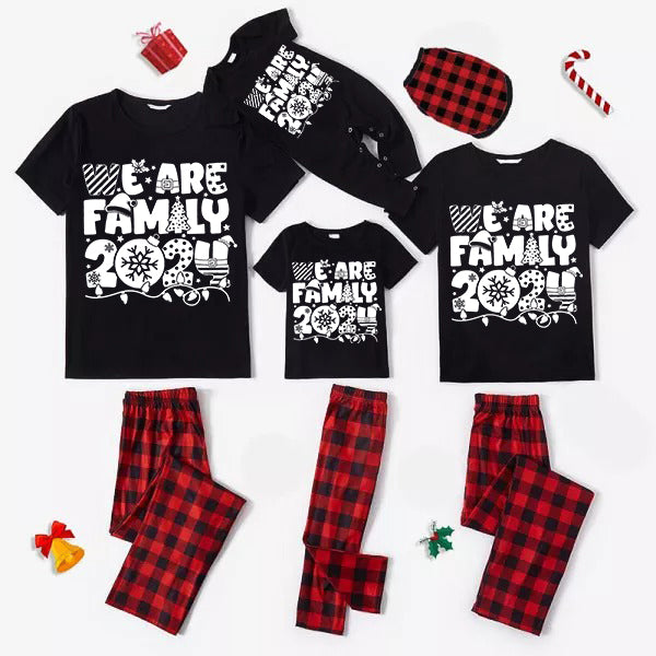 "We are Family 2024" White Letter Print Black Short Sleeve with Red & Black Plaid Pant Family Matching Pajamas