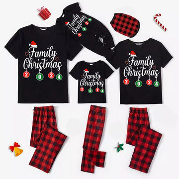 "Family Christmas" 2024 Letter Print Black Short Sleeve with Red & Black Plaid Pant Family Matching Pajamas