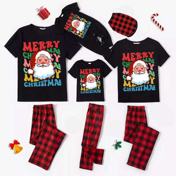 Colorful "Merry Christmas" and Santa Claus Print Black Short Sleeve with Red & Black Plaid Pant Family Matching Pajamas