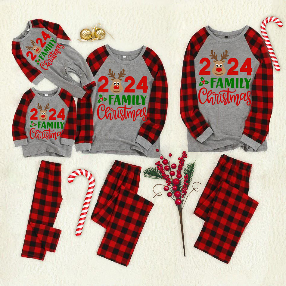 "2024 Family Christmas" Moose Letter Prints Black & Red Plaid Family Matching Grey Pajamas With Dog bandana