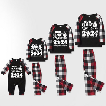 Christmas Cute Cartoon Santa Hat Patterned and '2024 FAMILY Christmas ' Letter Print Contrast Tops and Red & Black & White Plaid Pants Family Matching Pajamas Set With Dog Bandana