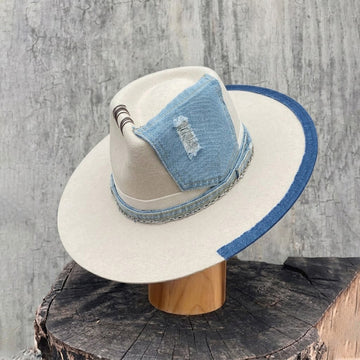 Cream Felt Fedora with Denim & Silver Chain