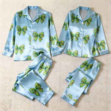 Lighted Faux Fur Bow Satin Matching Pajamas for Couples – Long Sleeve Button-Down Top & Pants Sleepwear Set