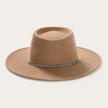 Elegant Wide-Brim Light Brown Hat with Blue Ribbon and White Accents