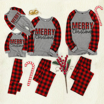 Christmas "Merry Christmas" Letter Print Grey Contrast top and Black & Red Plaid Pants Family Matching Pajamas Set With Dog Bandana