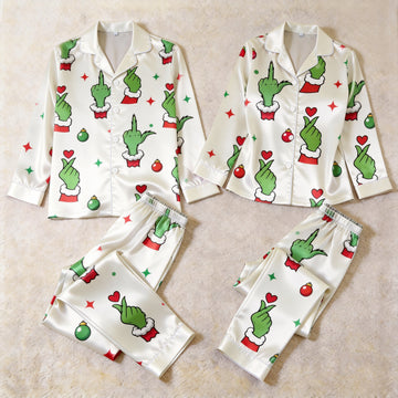 Holiday Gesture and Love Heart Print Satin Matching Pajamas for Couples – Long Sleeve Button-Down Top & Pants Sleepwear Set
