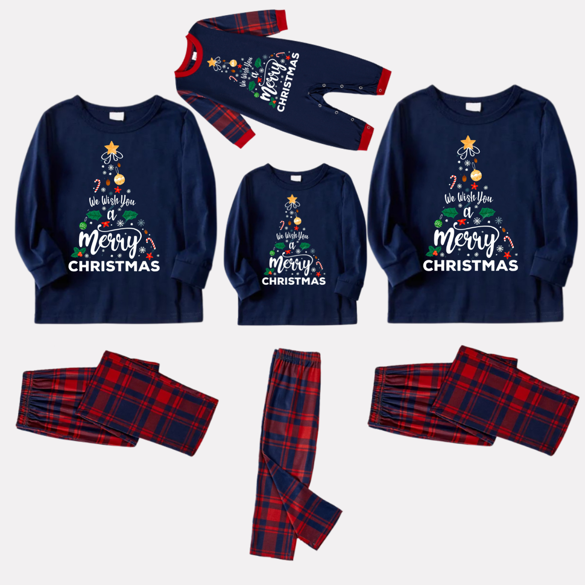 "We Wish You a Merry Christmas" Printed Blue Long Sleeve Top With Blue & Red Plaid Family Matching Pajamas