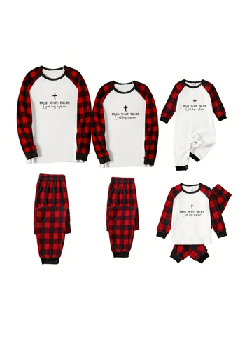 Pray Wait Trust Letter Print White Long Sleeve with Black&Red Plaid Pants Family Matching Pajamas