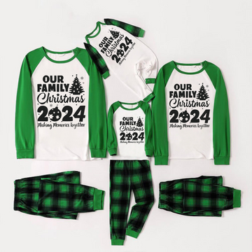 Christmas Tree & "2024 Making Memories Together" Patterned Green Sleeve Contrast Tops and Black and Green Plaid Pants Family Matching Raglan Long-sleeve Pajamas Sets With Dog Bandana