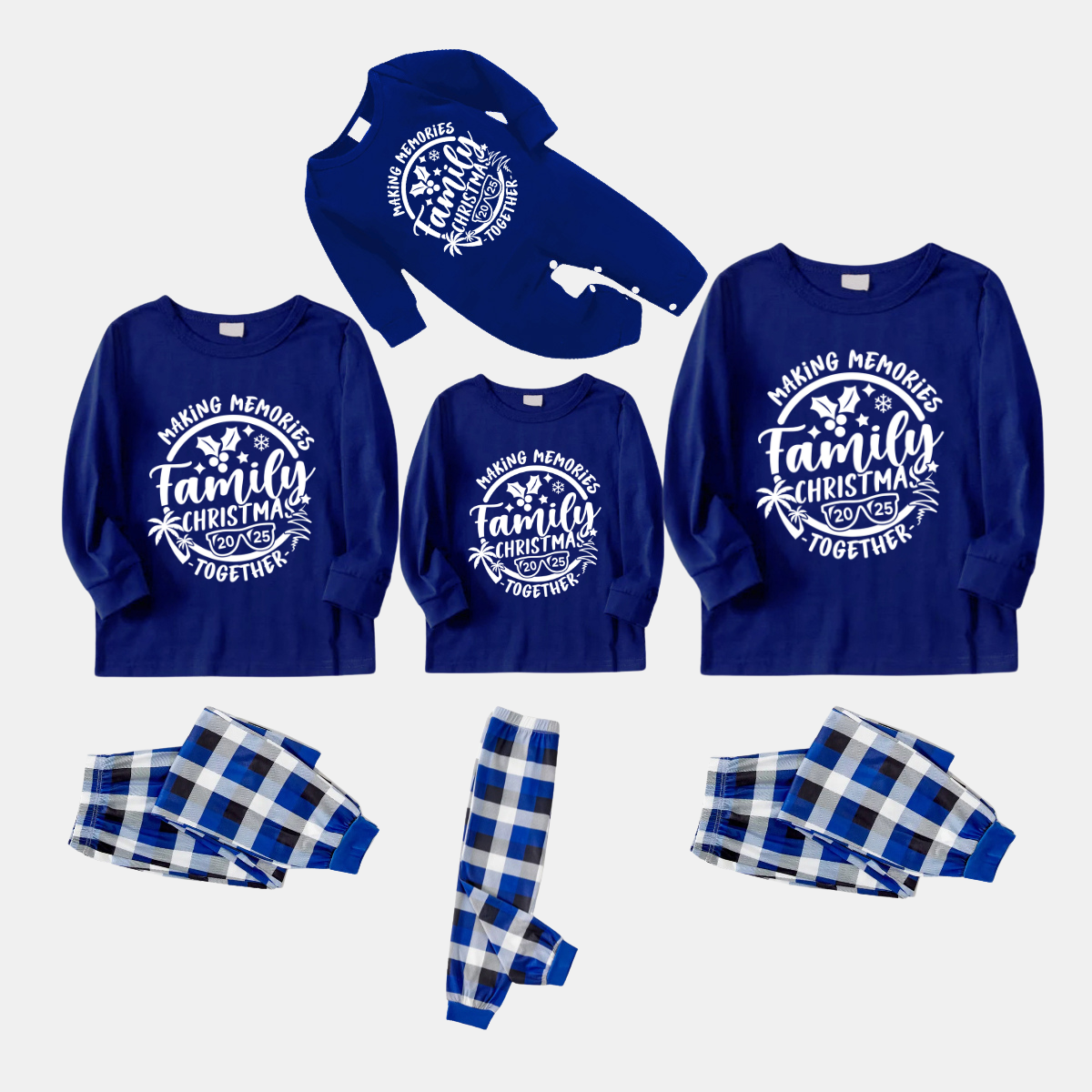 Christmas Make Memories Together 2025 Print Blue and White Plaid Family Matching Pajamas