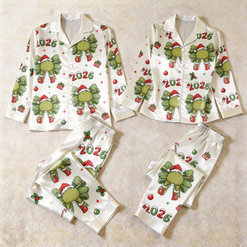 Holiday 2026 Theme Print Satin Matching Pajamas for Couples – Long Sleeve Button-Down Top & Pants Sleepwear Set