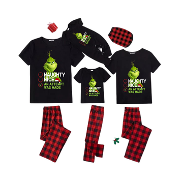 Naughty Nice An Attempt Was Made Grinch Family Pajamas Set - Black Top Red Pants Red Plaid Pattern Grinch Checklist Print
