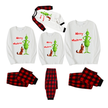 "Merry Whatever" and Cartoon Pattern Printed Red & Black Plaid Family Matching Pajamas