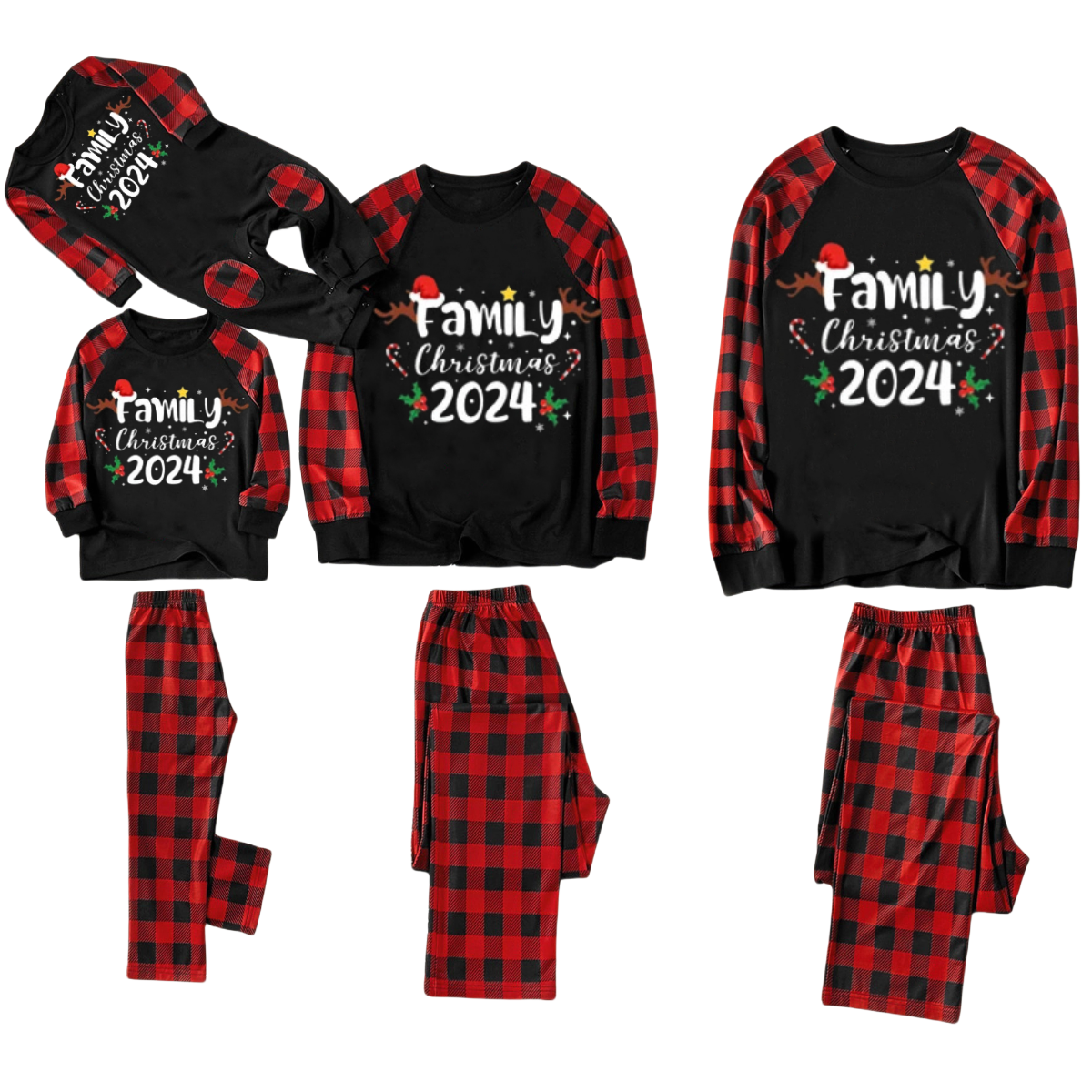 Christmas Pattern and "2024 Family Christmas" Text Print Black & Red Plaid Christmas Matching Pajamas