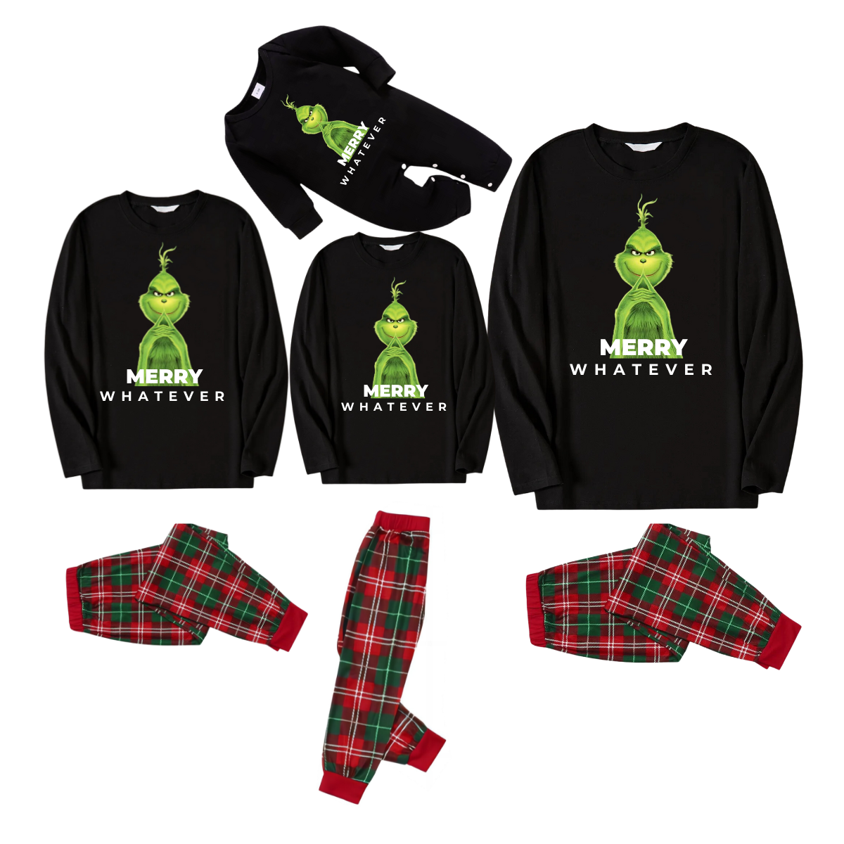 Cartoon Pattern and "Merry Whatever" Text Printed Red and Green Plaid Family Matching Pajamas