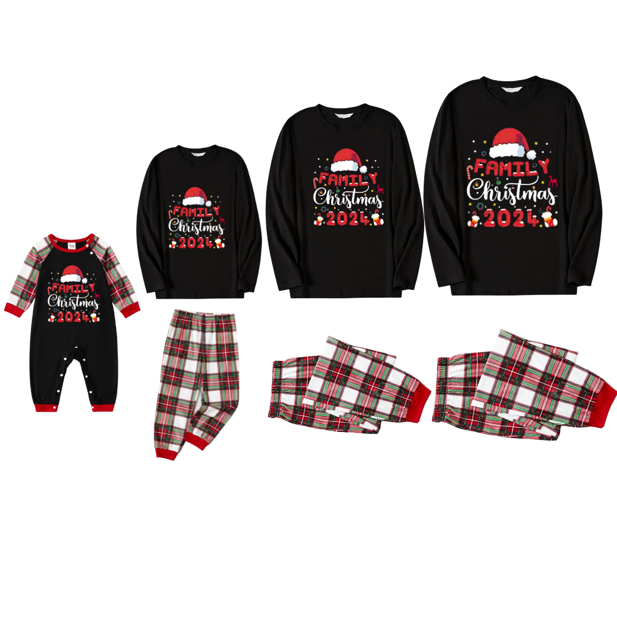 "Family Christmas 2024" with Santa Hat Pattern Ⅱ- Black Top with Red & White & Green Plaid Pants Family Matching Pajamas