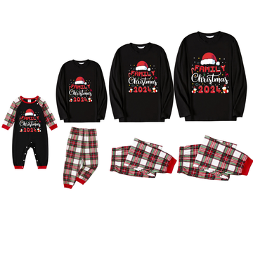 "Family Christmas 2024" with Santa Hat Pattern Ⅱ- Black Top with Red & White & Green Plaid Pants Family Matching Pajamas