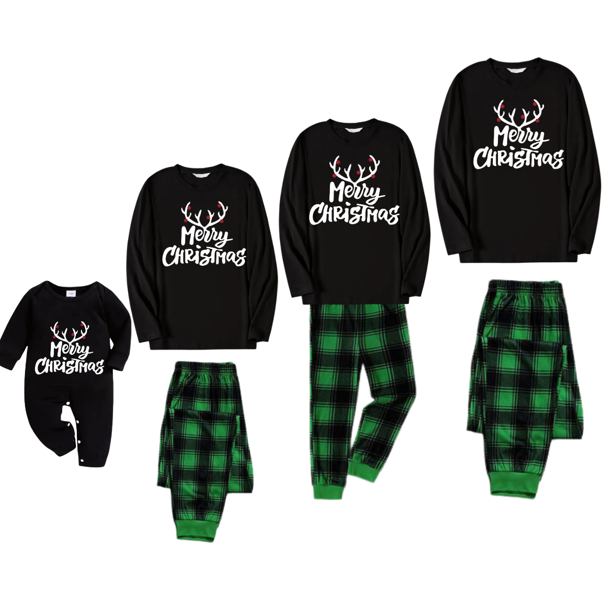 Christmas Antlers and "Merry Christmas" Print Black Long Sleeve Top with Green and Black Plaid Family Matching Pajamas