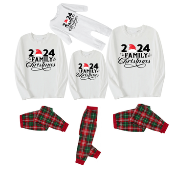 "Family Christmas 2024" and Santa Hat Printed Red & Green Plaid Family Matching Pajamas