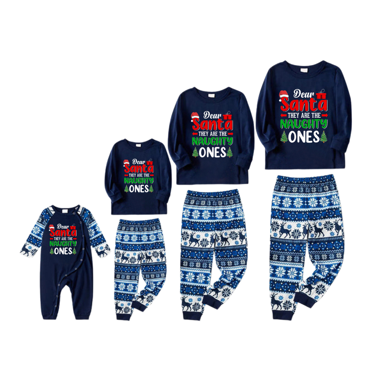 "Dear Santa They are The Naughty Ones" Slogan Printed Blue Family Christmas Matching Pajamas