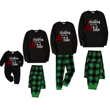 "Merry Christmas" Text Print Black Long Sleeve Top with Green and Black Plaid Family Matching Pajamas