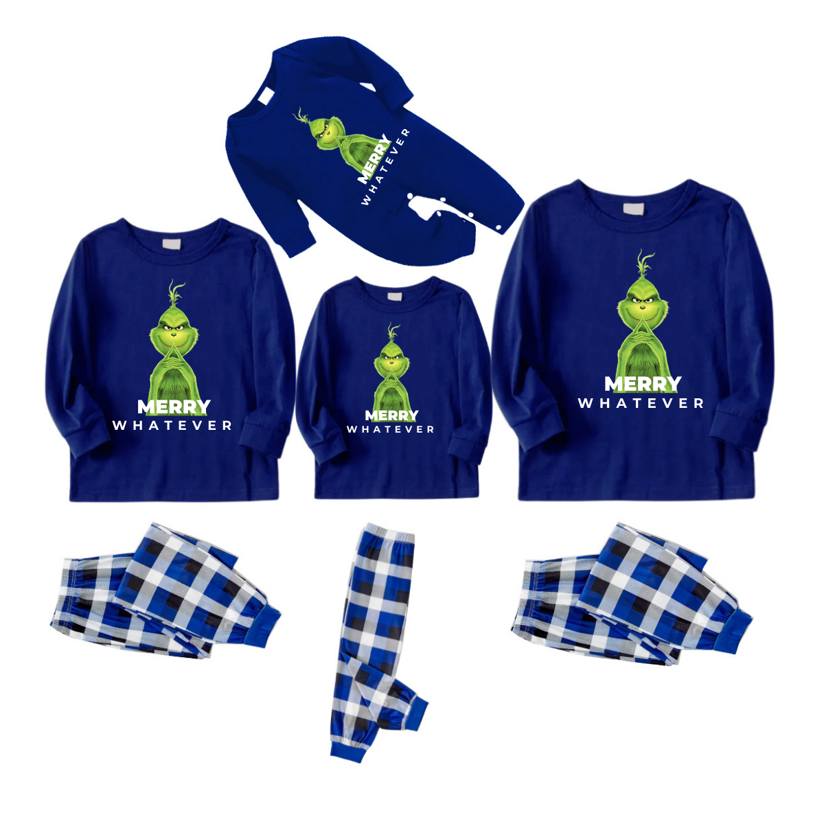 Cartoon Pattern and "Merry Whatever" Text Printed Blue and White Plaid Family Matching Pajamas