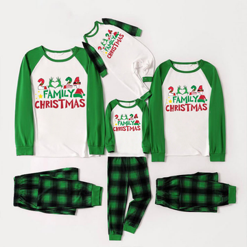 Cute Family Christmas 2024 Print Long Sleeve Top With Green & Black Plaid Christmas Matching Pajamas