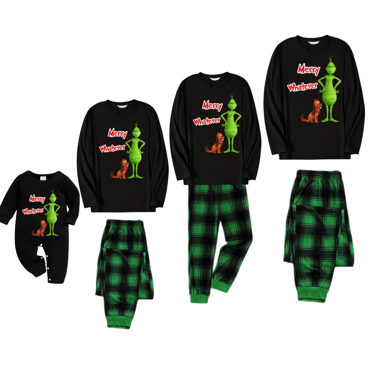 'Merry Whatever' Red Text With Green Cartoon Characters and Dog Pattern Black Top Green Plaid Plaid Pants Family Matching Pajamas