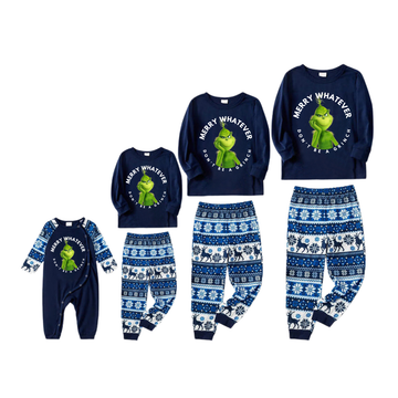 Cartoon Pattern and Christmas Slogan Printed Blue Top Navy Blue Plaid Pants Family Matching Pajamas