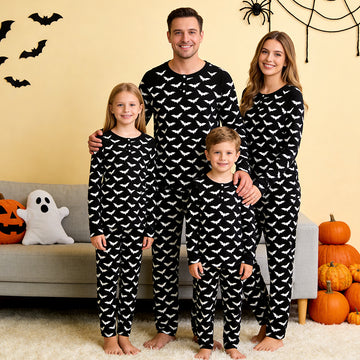 Spooky Halloween White Bat Print Matching Family Pajama Set, Long Sleeve Henley Cotton Loungewear