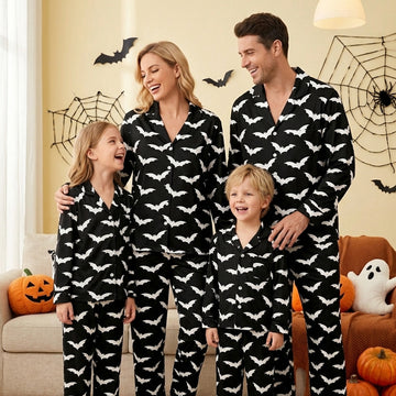 Classic Halloween Bat Print Matching Family Pajama Set, Button-Down Cotton Loungewear