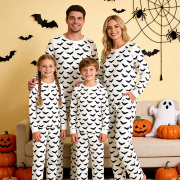 Spooky Halloween Black Bat Print Matching Family Pajama Set, Long Sleeve Henley Cotton Loungewear