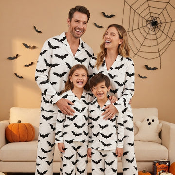 Modern Halloween Black Bat Print Matching Family Pajama Set, Button-Down Cotton Loungewear