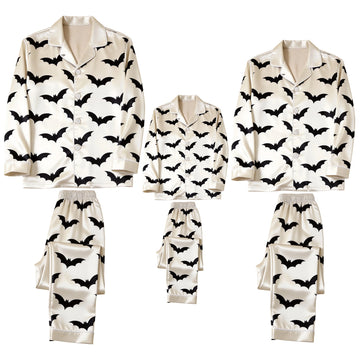 Cream Bat Print Satin Button-Up Family Halloween Pajamas Set