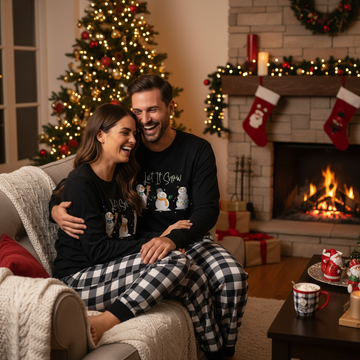 Couple Black and White Plaid Christmas Pajamas Set With Snowman and "Let It Snow" Cartoon Print