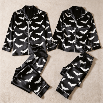 B&W Bat Print Satin Matching Pajamas for Couples – Long Sleeve Button-Down Top & Pants Sleepwear Set